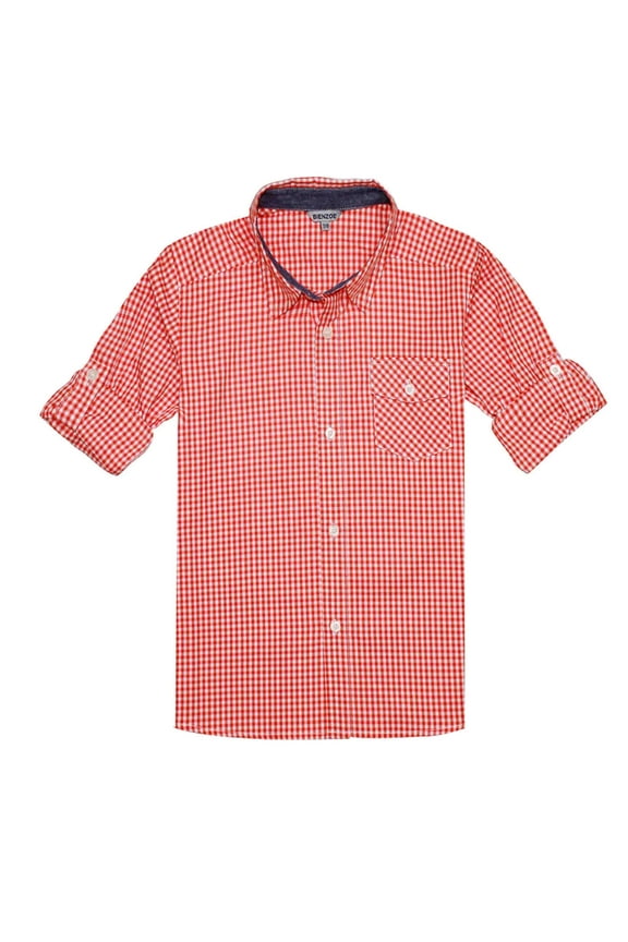 Boy's Cotton Plaid Roll Up Button Down Sports Shirts Orange/White 5/6