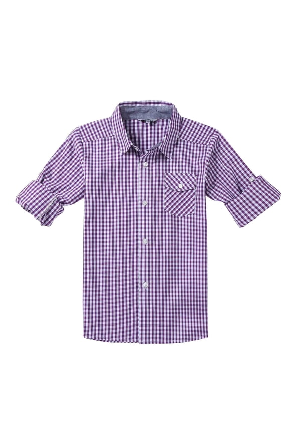 Boy's Cotton Plaid Roll Up Button Down Sports Shirts Purple/White 3/4