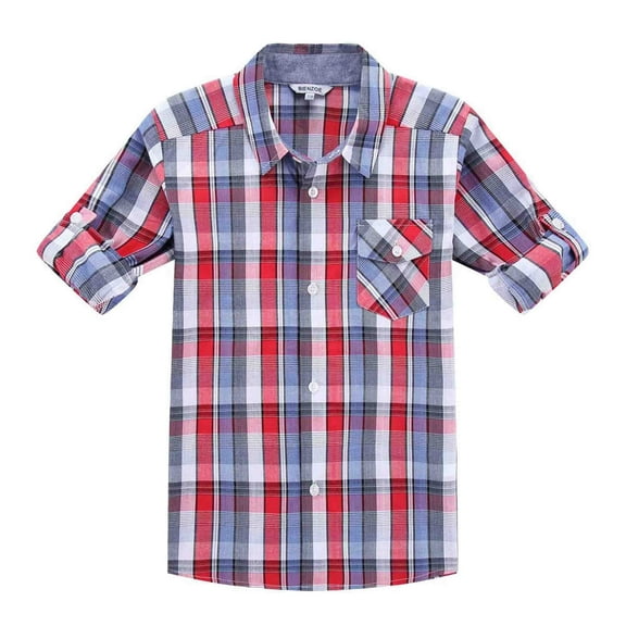 Bienzoe Boy's Cotton Plaid Roll Up Button Down Sports Shirts Red/Blue 13/14