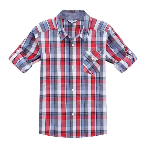Bienzoe Boy's Cotton Plaid Roll Up Button Down Sports Shirts Red/Blue 3/4