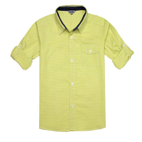 Bienzoe Boy's Cotton Plaid Roll Up Button Down Sports Shirts Yellow/White 7/8