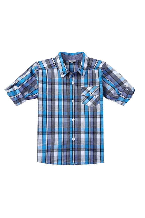 Boy's Cotton Plaid Roll Up Sleeve Casual Shirts Blue/Navy 5/6