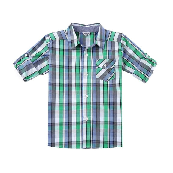 Bienzoe Boy's Cotton Plaid Roll Up Sleeve Casual Shirts Green/Navy 13/14