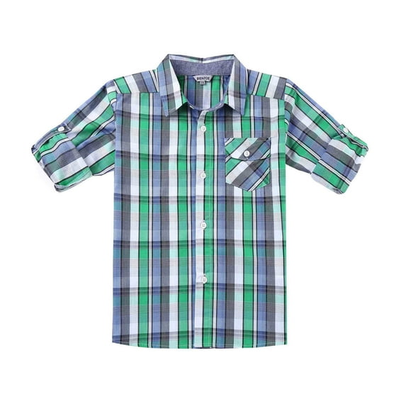 Bienzoe Boy's Cotton Plaid Roll Up Sleeve Casual Shirts Green/Navy 3/4