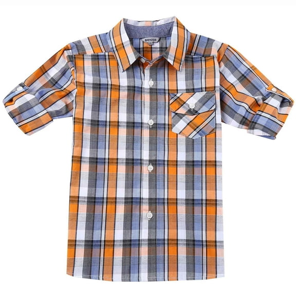 Bienzoe Boy's Cotton Plaid Roll Up Sleeve Casual Shirts Orange/Navy 5/6