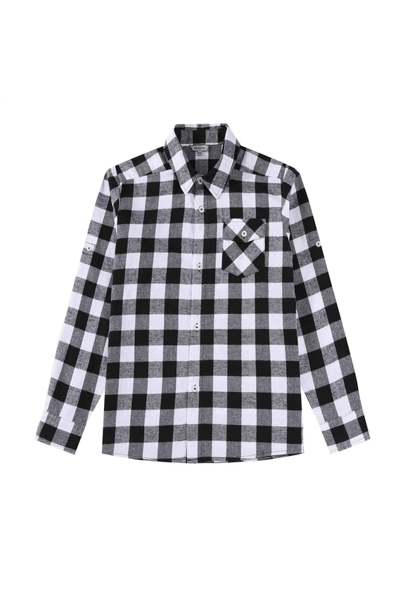 Boy's Flannel Button Down Long Sleeve Plaid Shirt Black White 13/14