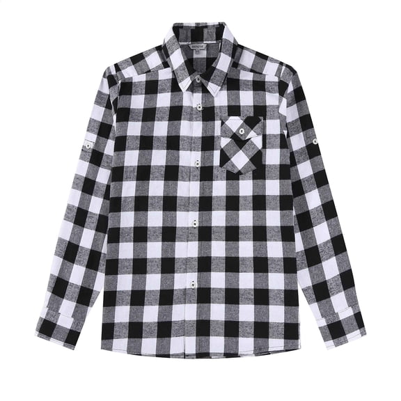 Bienzoe Boy's Flannel Button Down Long Sleeve Plaid Shirt Black White 7/8