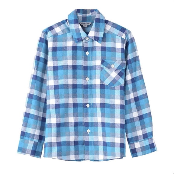 Bienzoe Boy's Flannel Button Down Long Sleeve Plaid Shirt Blue 7/8