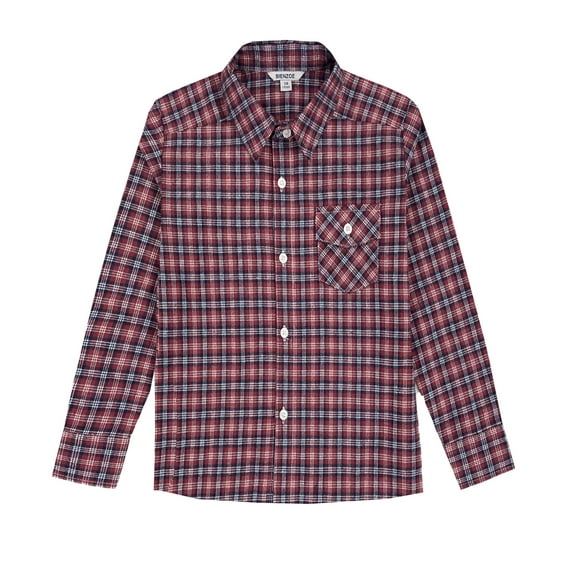 Bienzoe Boy's Flannel Button Down Long Sleeve Plaid Shirt Navy/Red 3/4