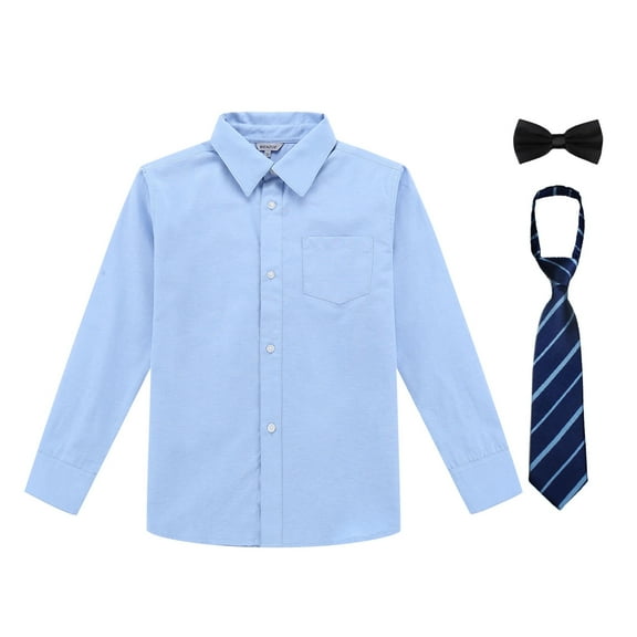 Bienzoe Boy's School Uniform Long Sleeve Button Down Shirt with Tie&Bowtie Blue 14