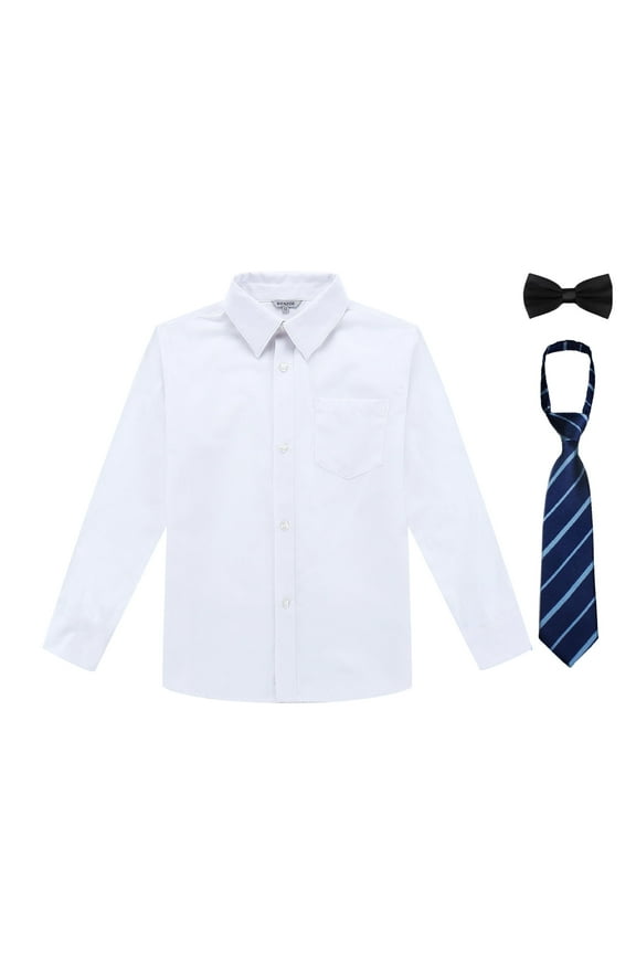 Boy's School Uniform Long Sleeve Button Down Shirt with Tie&Bowtie White 16