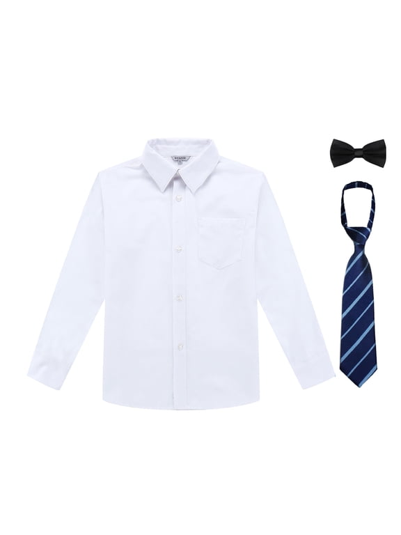 Boy's School Uniform Long Sleeve Button Down Shirt with Tie&Bowtie White 16