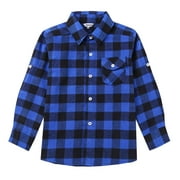 Bienzoe Boy's Warm Flannel Button Down Long Sleeve Plaid Shirt Blue Black 5/6