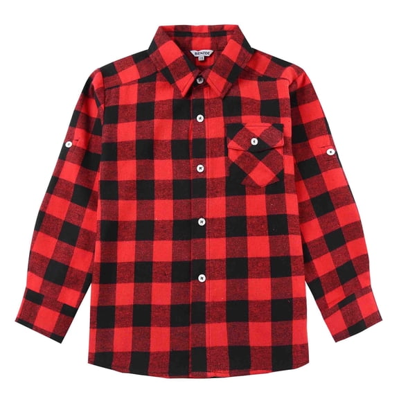Bienzoe Boy's Warm Flannel Button Down Long Sleeve Plaid Shirt Red Black 7/8