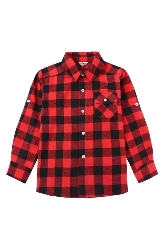 Boy's Warm Flannel Button Down Long Sleeve Plaid Shirt Red Black 7/8