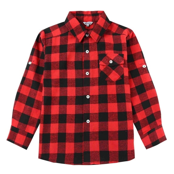 Bienzoe Boy's Warm Flannel Button Down Long Sleeve Plaid Shirt Red Black 7/8