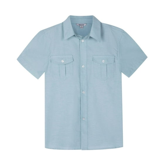 Bienzoe Boys Button Up Shirt: Short Sleeve Kids Dress Collared Shirts Two Pockets Aqua 12