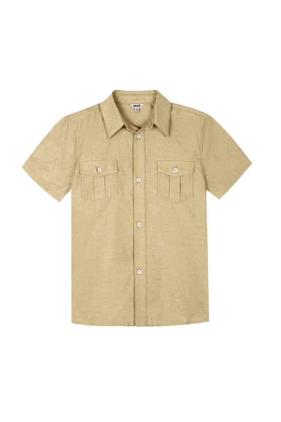 Boys Button Up Shirt: Short Sleeve Kids Dress Collared Shirts Two Pockets Beige 10
