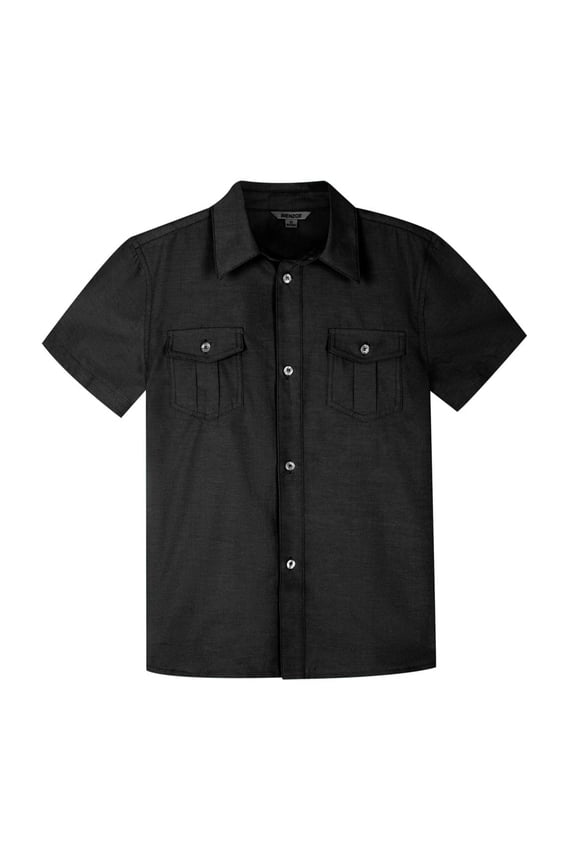 Boys Button Up Shirt: Short Sleeve Kids Dress Collared Shirts Two Pockets Black 10