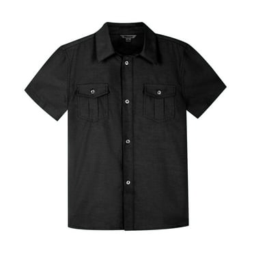 Bienzoe Boys Button Up Shirt: Short Sleeve Kids Dress Collared Shirts Two Pockets Black 10