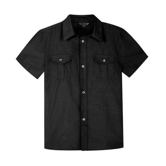 Bienzoe Boys Button Up Shirt: Short Sleeve Kids Dress Collared Shirts Two Pockets Black 16