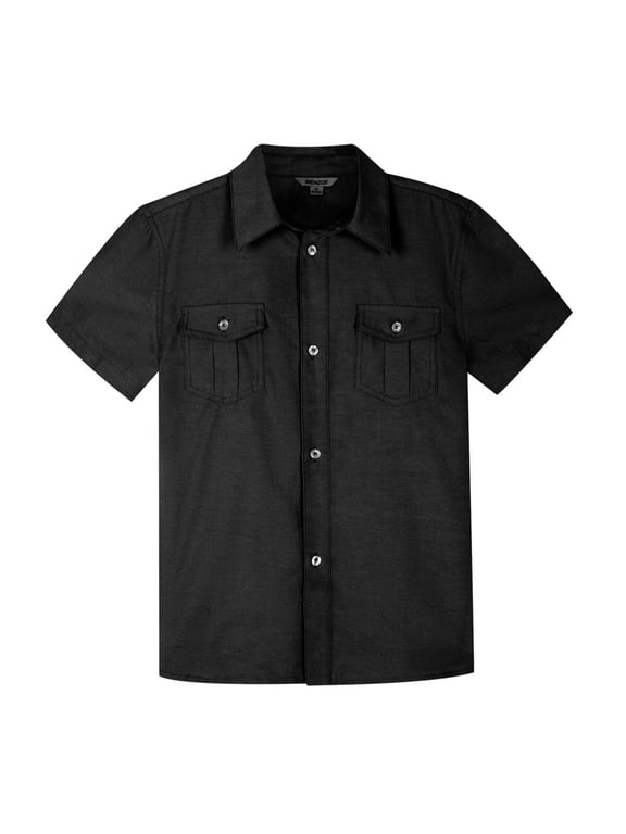 Boys Button Up Shirt: Short Sleeve Kids Dress Collared Shirts Two Pockets Black 6