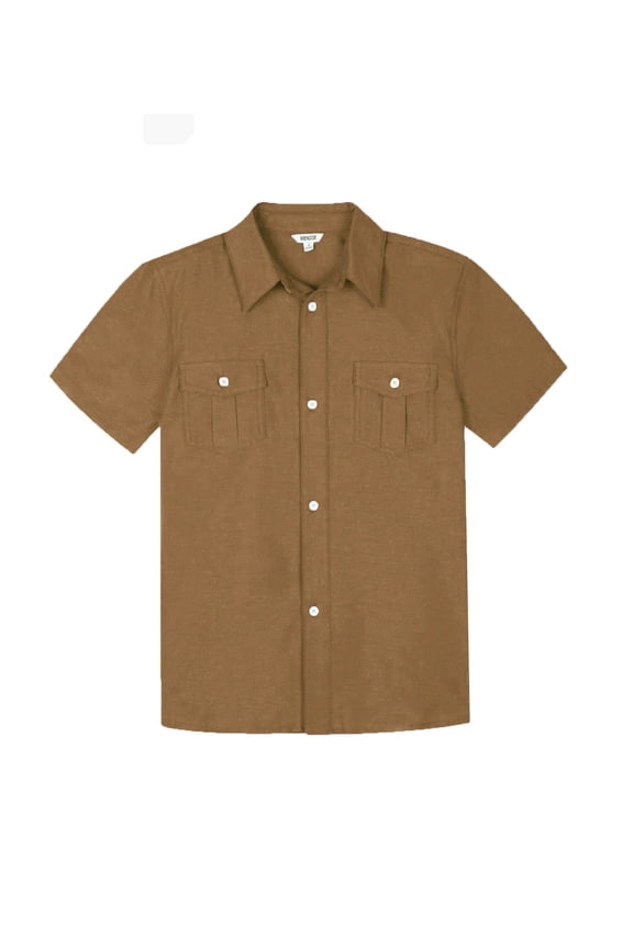 Boys Button Up Shirt: Short Sleeve Kids Dress Collared Shirts Two Pockets Coffee 12