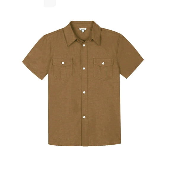 Bienzoe Boys Button Up Shirt: Short Sleeve Kids Dress Collared Shirts Two Pockets Coffee 8