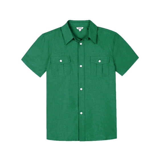 Bienzoe Boys Button Up Shirt: Short Sleeve Kids Dress Collared Shirts Two Pockets Darkgreen 10
