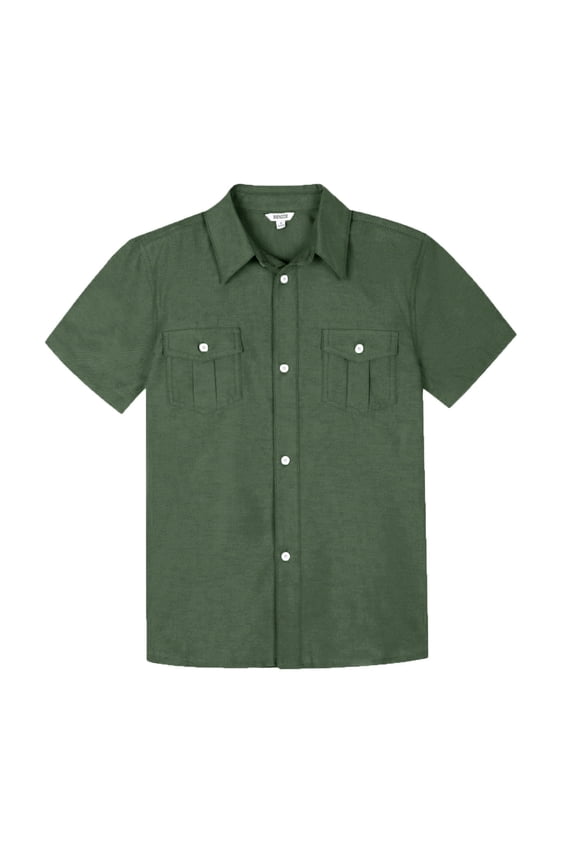 Boys Button Up Shirt: Short Sleeve Kids Dress Collared Shirts Two Pockets Darkolive 12