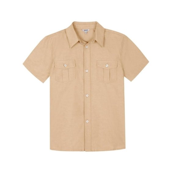 Bienzoe Boys Button Up Shirt: Short Sleeve Kids Dress Collared Shirts Two Pockets Khaki 8