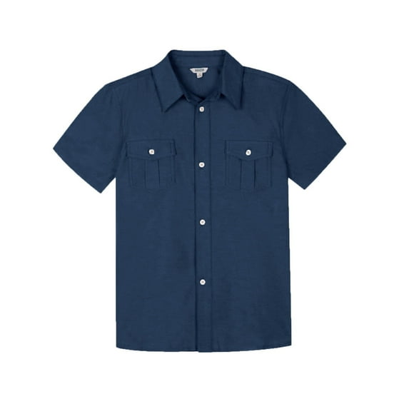 Bienzoe Boys Button Up Shirt: Short Sleeve Kids Dress Collared Shirts Two Pockets Navy 7