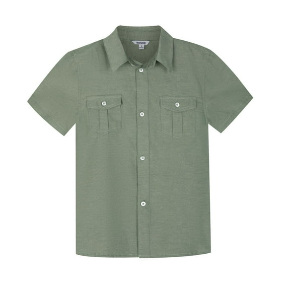 Bienzoe Boys Button Up Shirt: Short Sleeve Kids Dress Collared Shirts Two Pockets Olive 12