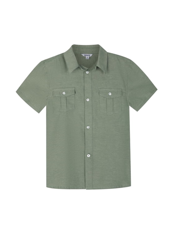 Boys Button Up Shirt: Short Sleeve Kids Dress Collared Shirts Two Pockets Olive 16
