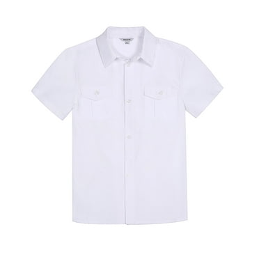 Bienzoe Boys Button Up Shirt: Short Sleeve Kids Dress Collared Shirts Two Pockets White 12