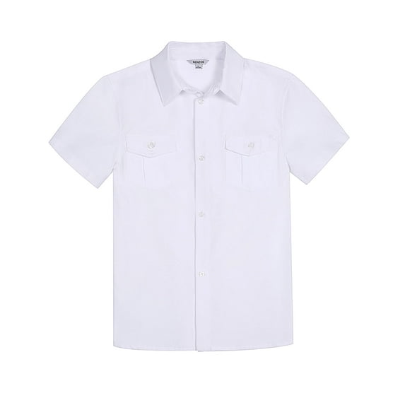 Bienzoe Boys Button Up Shirt: Short Sleeve Kids Dress Collared Shirts Two Pockets White 6
