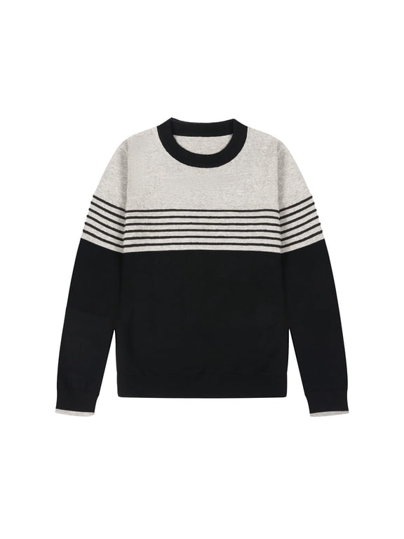 Boys Crewneck Cotton Sweater: Kids Long Sleeve Jacquard Pullover - Casual Knit for Fall Winter School Holiday Family Black Size 10