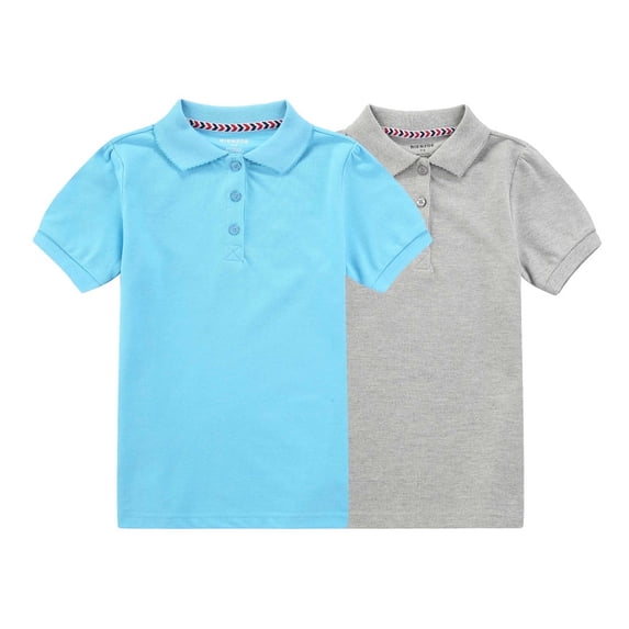 Bienzoe Girl's Breathable Short Sleeve Polo 2pcs PACKB 7/8 Blue/Gray