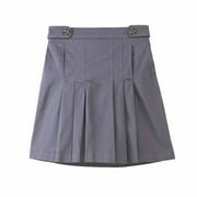 BIENZOE Girl's Cotton Stretch Elastic School Uniform Pleated Skirt L Grey