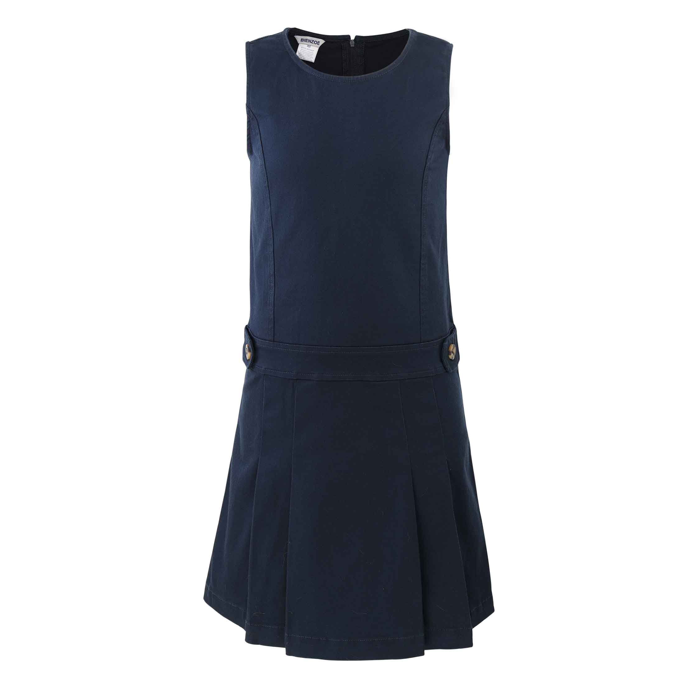 Bienzoe Girl's Cotton Stretchy School Uniform Jumper Dress S Navy