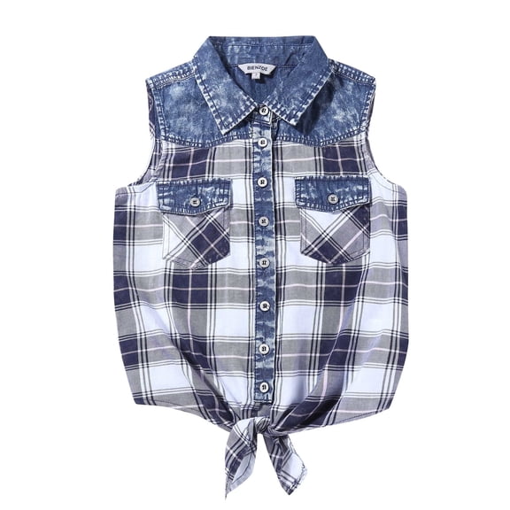Bienzoe Girl's Plaid Denim Sleeveless Blouse Casual Tank Tops Black/White 10