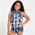 thumbnail image 1 of Bienzoe Girl's Plaid Denim Sleeveless Blouse Casual Tank Tops Black/White 18, 1 of 11