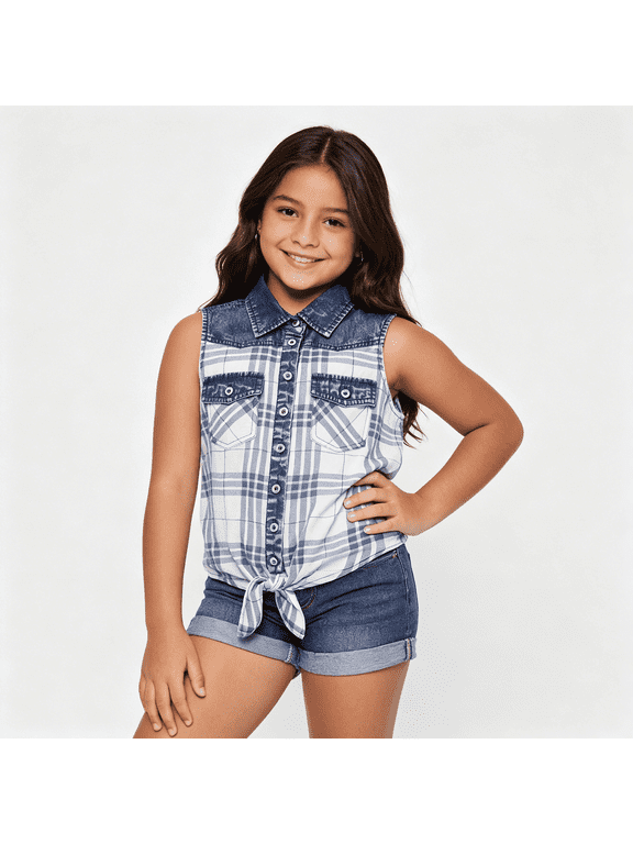 Girl's Plaid Denim Sleeveless Blouse Casual Tank Tops Blue 7