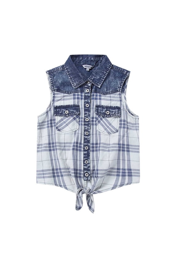 Girl's Plaid Denim Sleeveless Blouse Casual Tank Tops Blue 7
