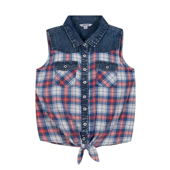 Bienzoe Girl's Plaid Denim Sleeveless Blouse Casual Tank Tops Denim Blue 7