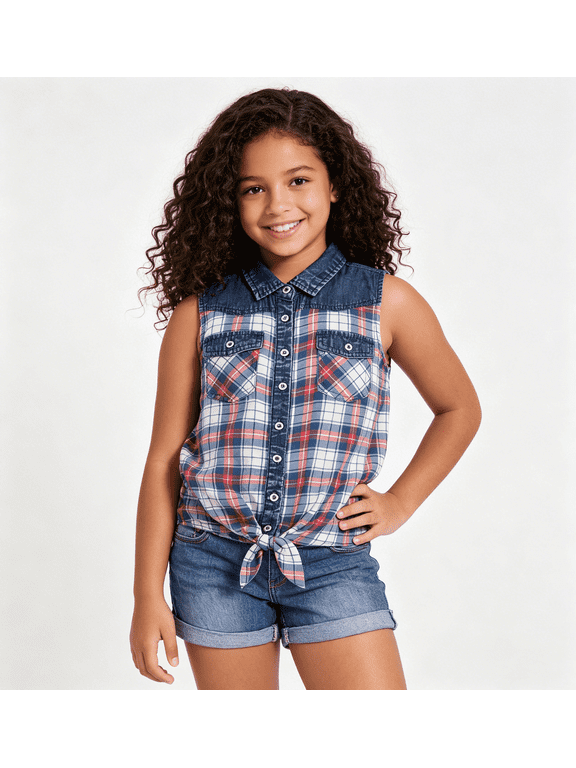 Girl's Plaid Denim Sleeveless Blouse Casual Tank Tops Denim Blue 8