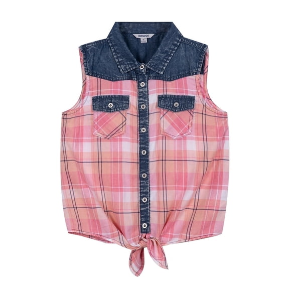 Bienzoe Girl's Plaid Denim Sleeveless Blouse Casual Tank Tops Pink 10
