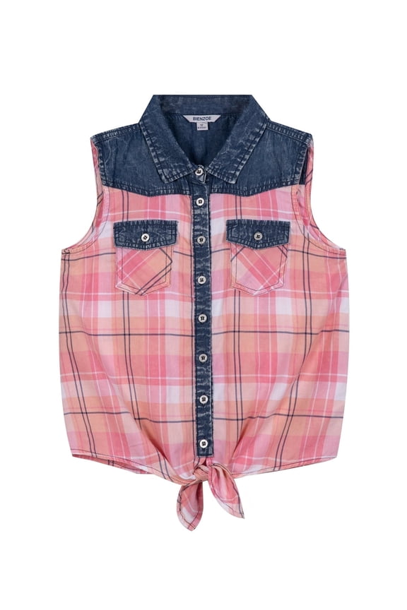 Girl's Plaid Denim Sleeveless Blouse Casual Tank Tops Pink 18