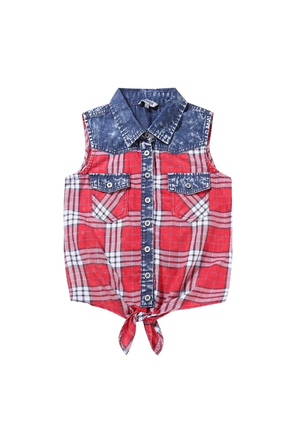 Girl's Plaid Denim Sleeveless Blouse Casual Tank Tops Red/Black 12