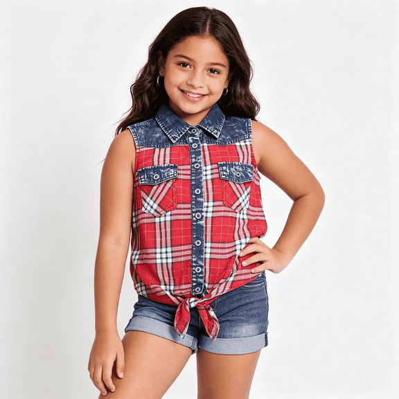 Bienzoe Girl's Plaid Denim Sleeveless Blouse Casual Tank Tops Red/Black 12